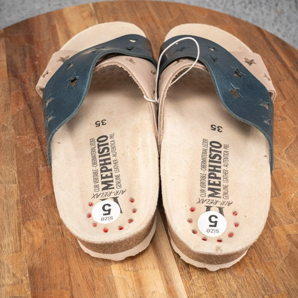 Mephisto Star Leather Cross Band Sandals Nanou Blue/Ivory‎ EU 35 US 4.5-5